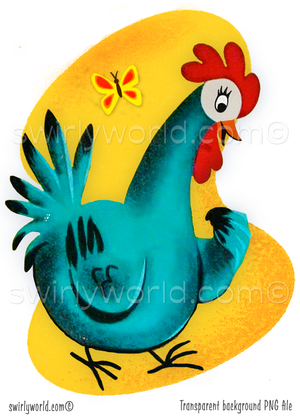 A rare vintage 1940s-1950s mid-century modern style kitschy chicken hen with butterfly set against a mcm boomerang shaped sunny yellow mcm background.