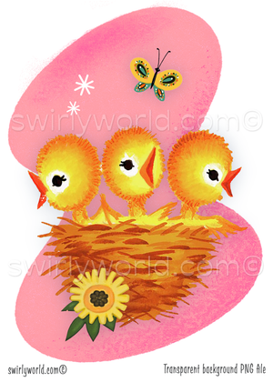 A rare vintage 1940s-1950s mid-century modern style kitschy baby birds in nest with sunflowers and butterfly set against a mcm boomerang shaped pink background with white atomic starbursts.
