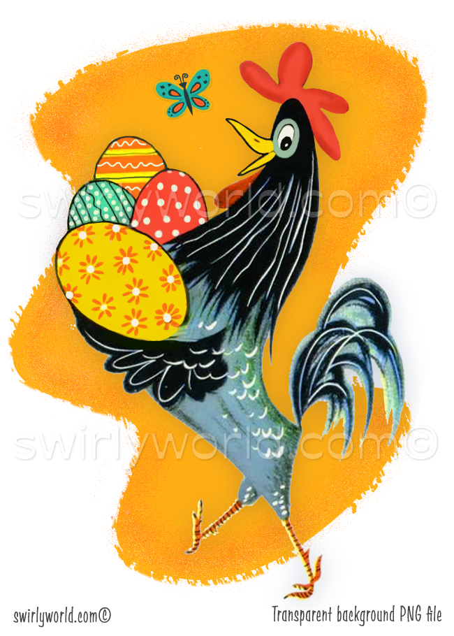 A rare vintage 1940s-1950s mid-century modern style kitschy rooster carrying a bundle of dyed Easter eggs, set against a mcm boomerang shaped orange background with butterfly.