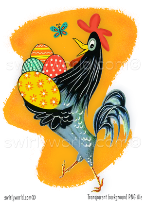 A rare vintage 1940s-1950s mid-century modern style kitschy rooster carrying a bundle of dyed Easter eggs, set against a mcm boomerang shaped orange background with butterfly.
