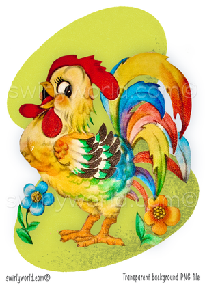 A rare vintage 1940s-1950s mid-century modern style kitschy rooster with daisy flowers set against a mcm boomerang shaped green background.