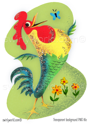 A rare vintage 1940s-1950s mid-century modern style kitschy rooster with a blue butterfly and daisy flowers set against a mcm boomerang shaped green background.