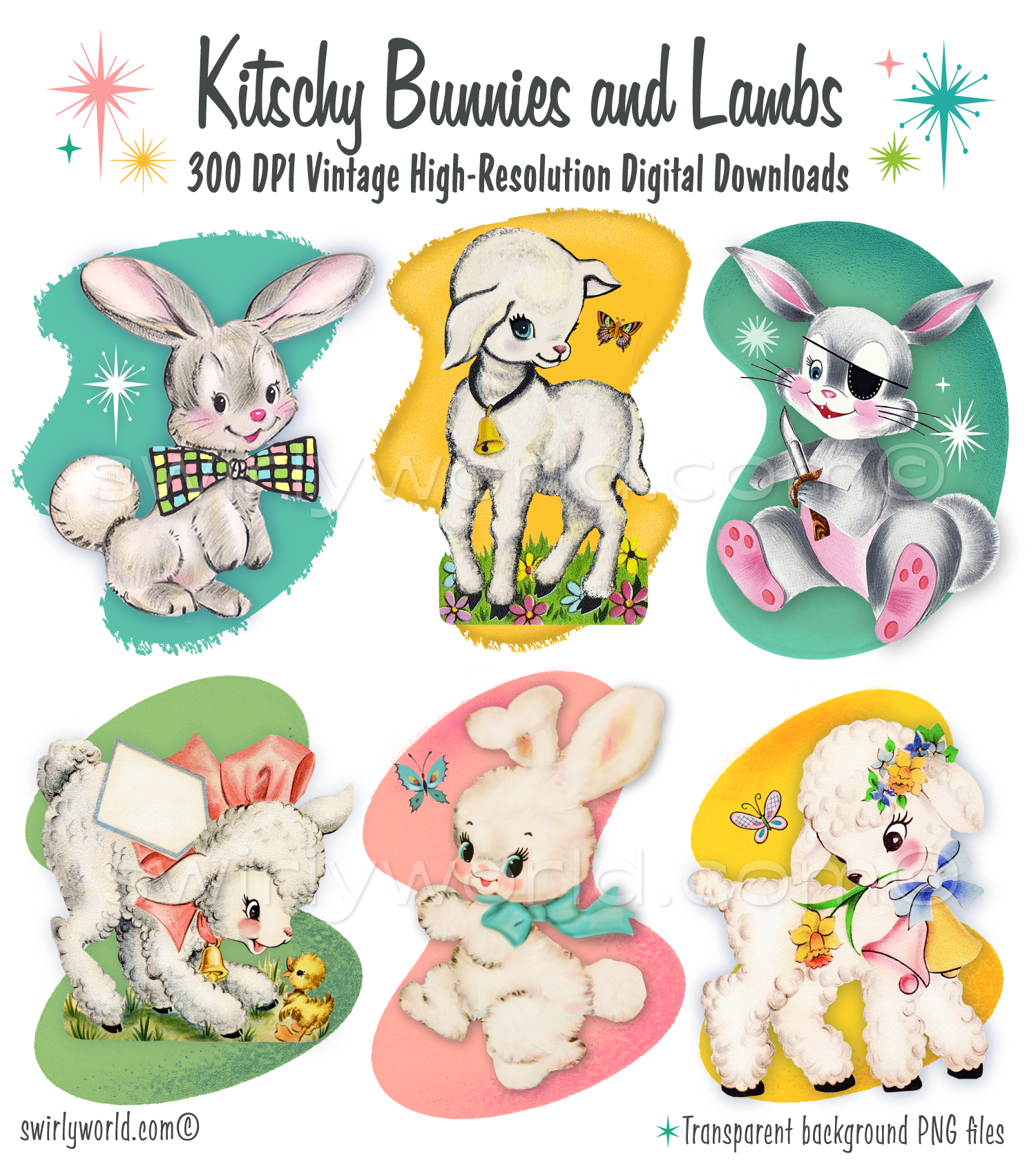 Rare collection of 1940s-1950s vintage mid-century modern kitschy spring Easter animals like bunny rabbits, white lambs with retro mcm shaped backgrounds. 