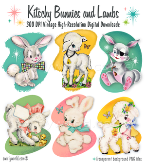 Rare collection of 1940s-1950s vintage mid-century modern kitschy spring Easter animals like bunny rabbits, white lambs with retro mcm shaped backgrounds. 