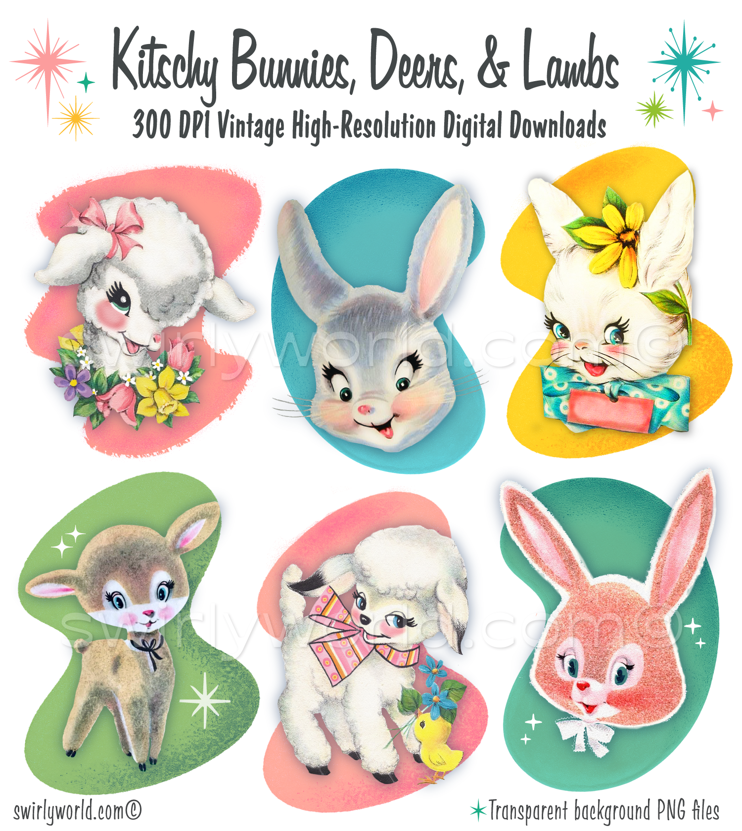 A rare collection of 1940s-1950s mid-century modern spring animals featuring vintage bunnies, deers, and lambs on pastel retro MCM shapes with atomic starbursts.
