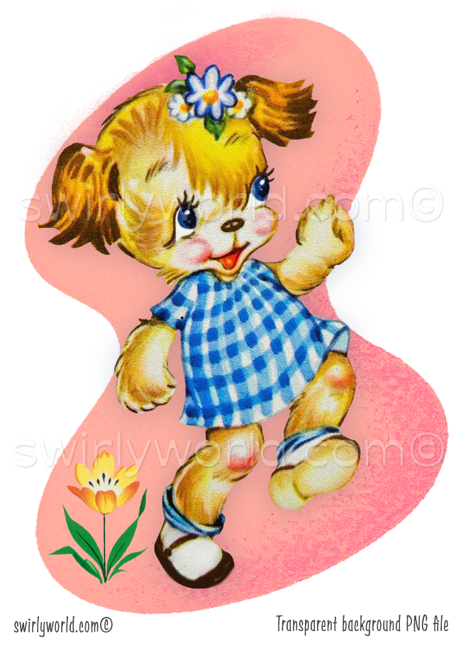 Vintage 1940s-1950s style kitschy puppy dog wearing a blue gingham dress prancing through a spring garden, against a retro mid-century modern shaped powder pink background.