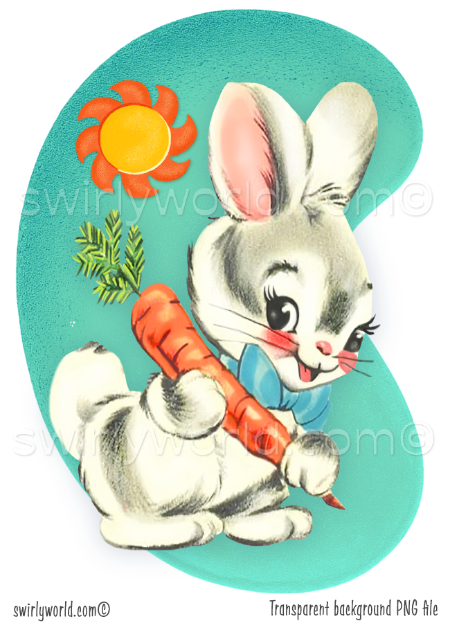 Vintage 1940s-1950s style kitschy woodland forest bunny rabbit holding a big orange carrot, against a retro mid-century modern shaped aqua blue background.
