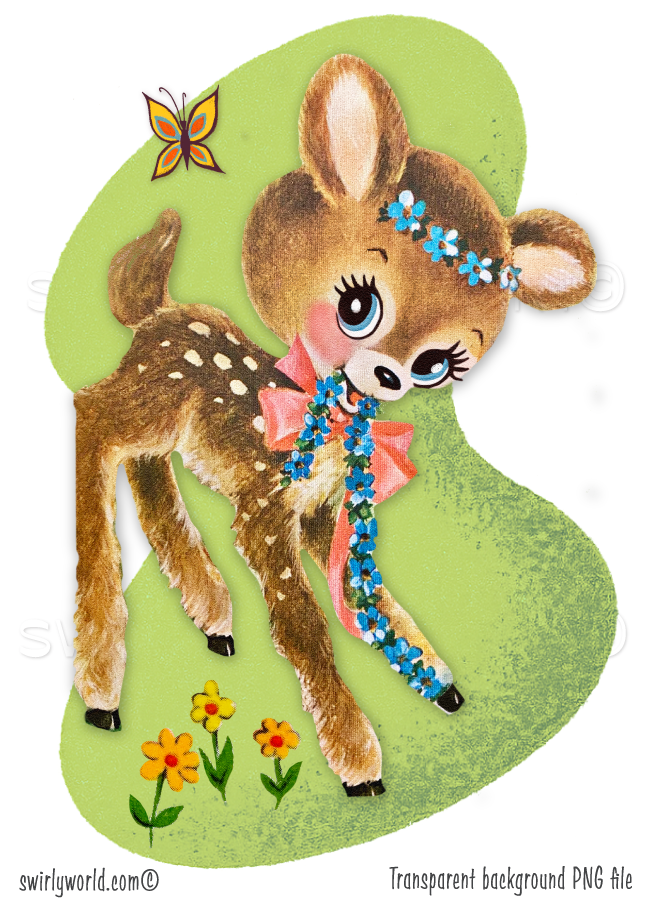 Vintage 1940s-1950s style kitschy woodland forest deer  wearing a blue flower wreath with butterfly and flowers, against a retro mid-century modern shaped green background.
