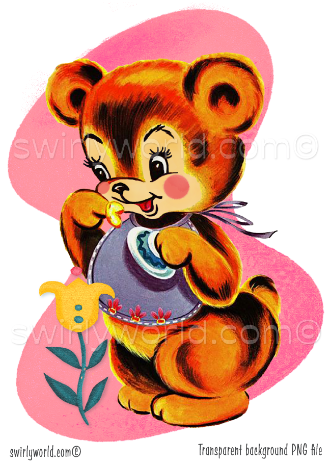 A retro kitschy baby bear cub wearing a bib with flowers. The spot art is set against a mid-century modern geometric shape in a pink color. The styling is 1940s-1950s vintage storybook with a textured and polished  painterly look.