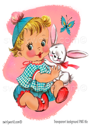 Vintage-style illustration of a girl holding a rabbit toy with a butterfly in the background