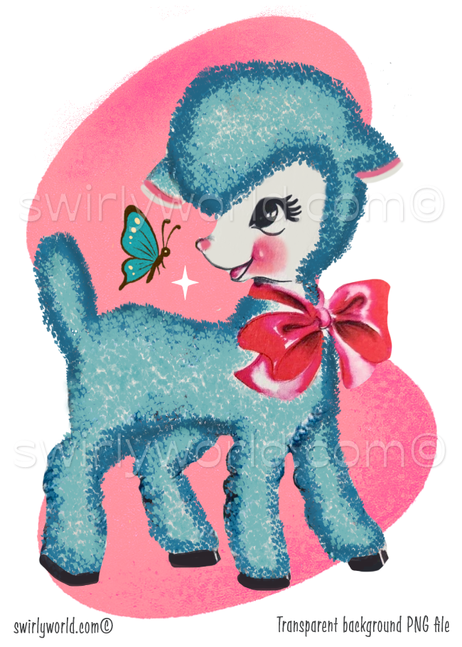 Illustration of a blue lamb with a pink bow and butterfly on a pink background