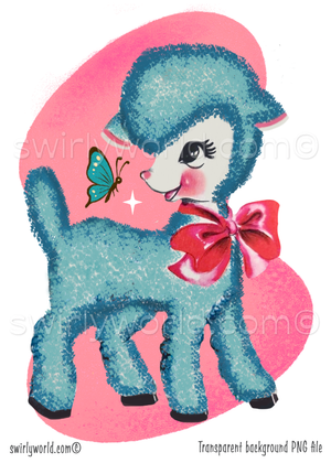 Illustration of a blue lamb with a pink bow and butterfly on a pink background