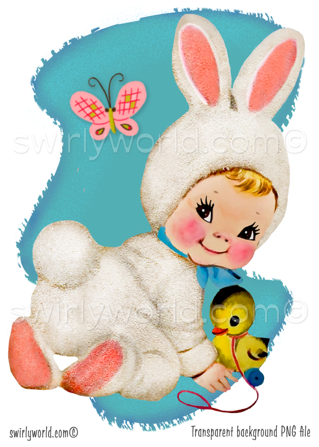 Vintage-style illustration of a child in a bunny costume with a butterfly and duck toy on a blue background.