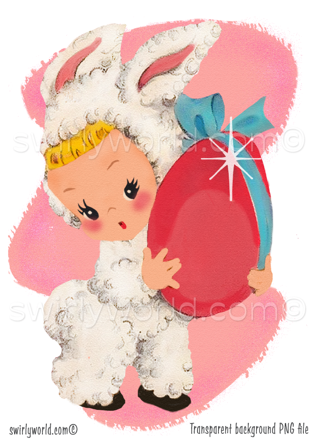 Vintage-style illustration of a baby in a bunny costume holding a red Easter egg on a pink background.