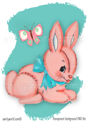 Pink bunny with a blue bow and butterfly on a teal background