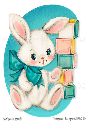 White bunny with a teal bow sitting next to colorful blocks on a blue background