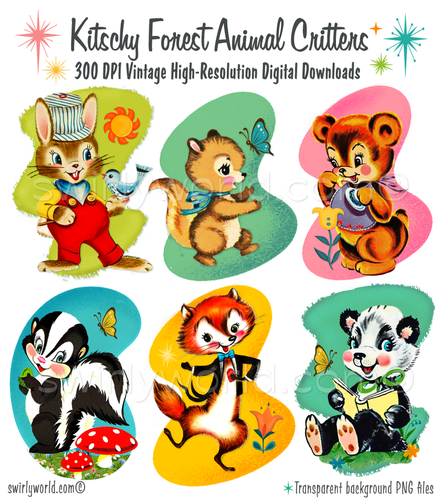 A rare collection of 1940s-1950s Woodland Forest Animals; a bunny rabbit, squirrel, bear cub, skunk, panda, and fox. This spot art is on a mid-century modern geometric shape in various rich and vibrant colors in a watercolor, painterly styling.