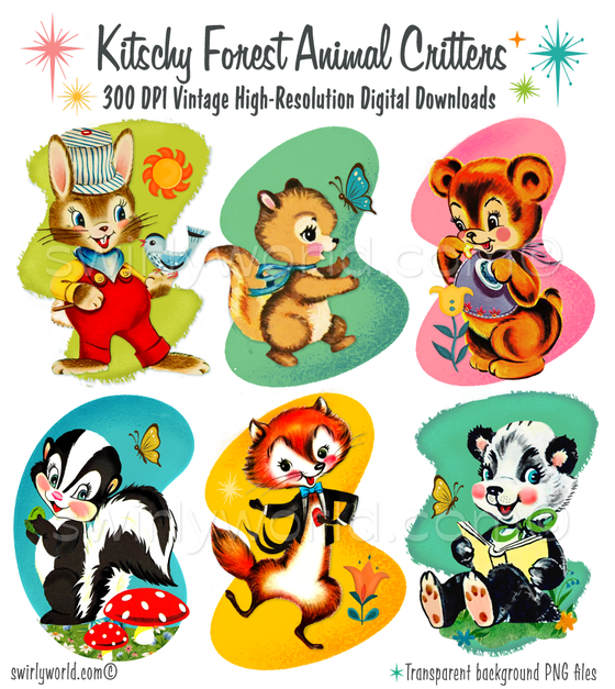 A rare collection of 1940s-1950s Woodland Forest Animals; a bunny rabbit, squirrel, bear cub, skunk, panda, and fox. This spot art is on a mid-century modern geometric shape in various rich and vibrant colors in a watercolor, painterly styling.
