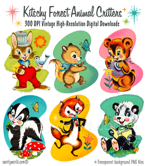 A rare collection of 1940s-1950s Woodland Forest Animals; a bunny rabbit, squirrel, bear cub, skunk, panda, and fox. This spot art is on a mid-century modern geometric shape in various rich and vibrant colors in a watercolor, painterly styling.