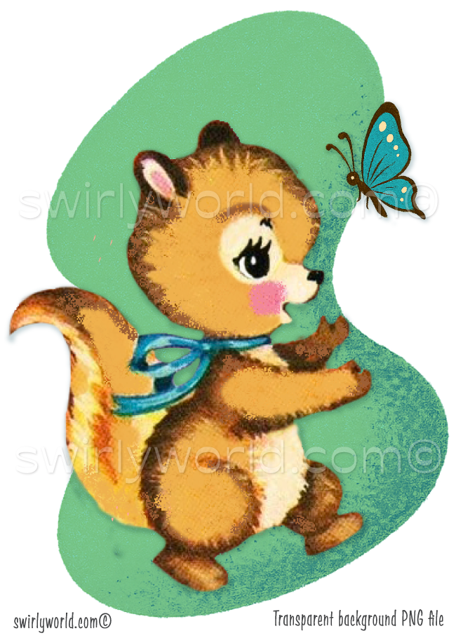A retro kitschy baby squirrel wearing a blue bow chasing a butterfly. The spot art is set against a mid-century modern geometric shape in a teal blue color. The styling is 1940s-1950s vintage storybook with a textured and polished  painterly look.