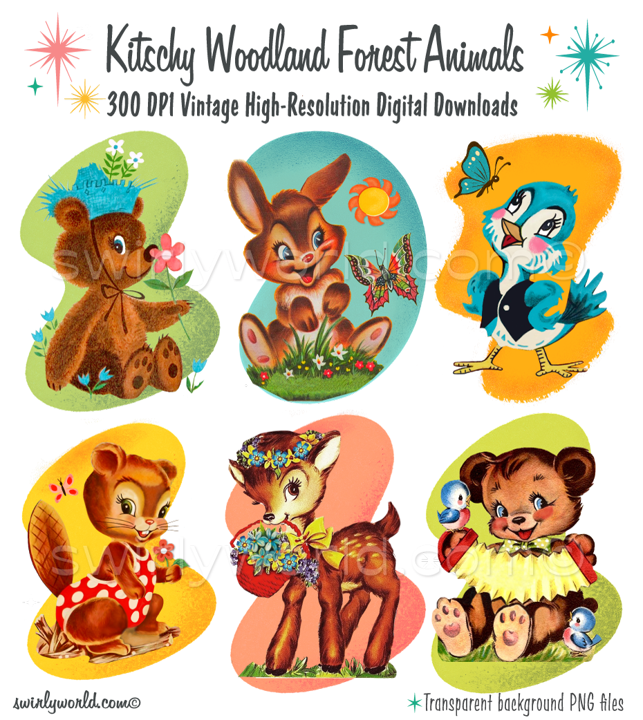 A rare collection of 1940s-1950s vintage woodland forest animals featuring birds, butterflies, bears, bunny rabbits, beavers, and deers that are set against retro, mid-century modern backgrounds. 