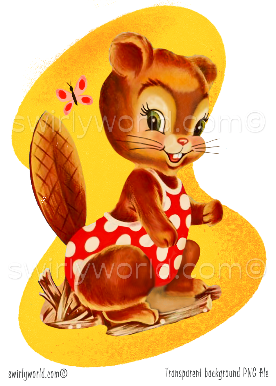 This retro 1940s-1950s vintage style retro kitschy beaver wearing a red polkadot bathing suit with butterfly set against a mid-century modern boomerang shaped retro yellow background. 