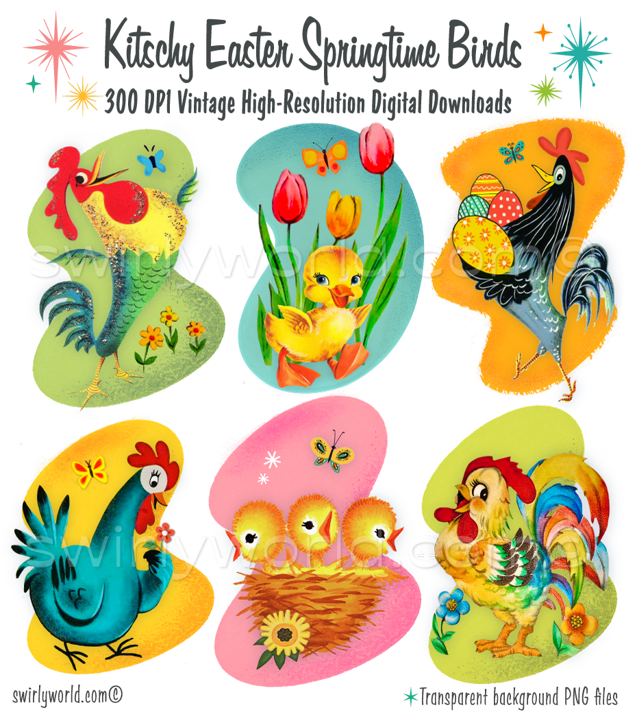 A rare collection of 1940s-1950s vintage style kitschy bird animals featuring roosters, chickens, hens, and baby ducklings. These adorable retro images have mid-century modern shaped background with atomic starbursts. 