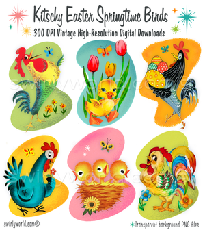 A rare collection of 1940s-1950s vintage style kitschy bird animals featuring roosters, chickens, hens, and baby ducklings. These adorable retro images have mid-century modern shaped background with atomic starbursts. 