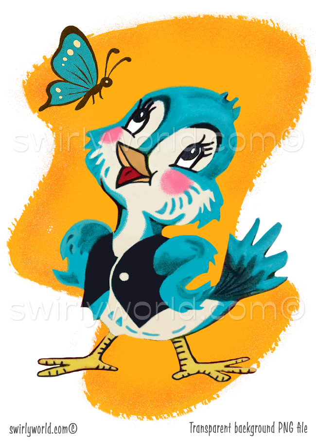 This retro 1940s-1950s vintage style retro kitschy bluebird wearing a vest with a blue butterfly set against a mid-century modern boomerang shaped retro yellow background. 