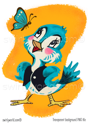 This retro 1940s-1950s vintage style retro kitschy bluebird wearing a vest with a blue butterfly set against a mid-century modern boomerang shaped retro yellow background. 