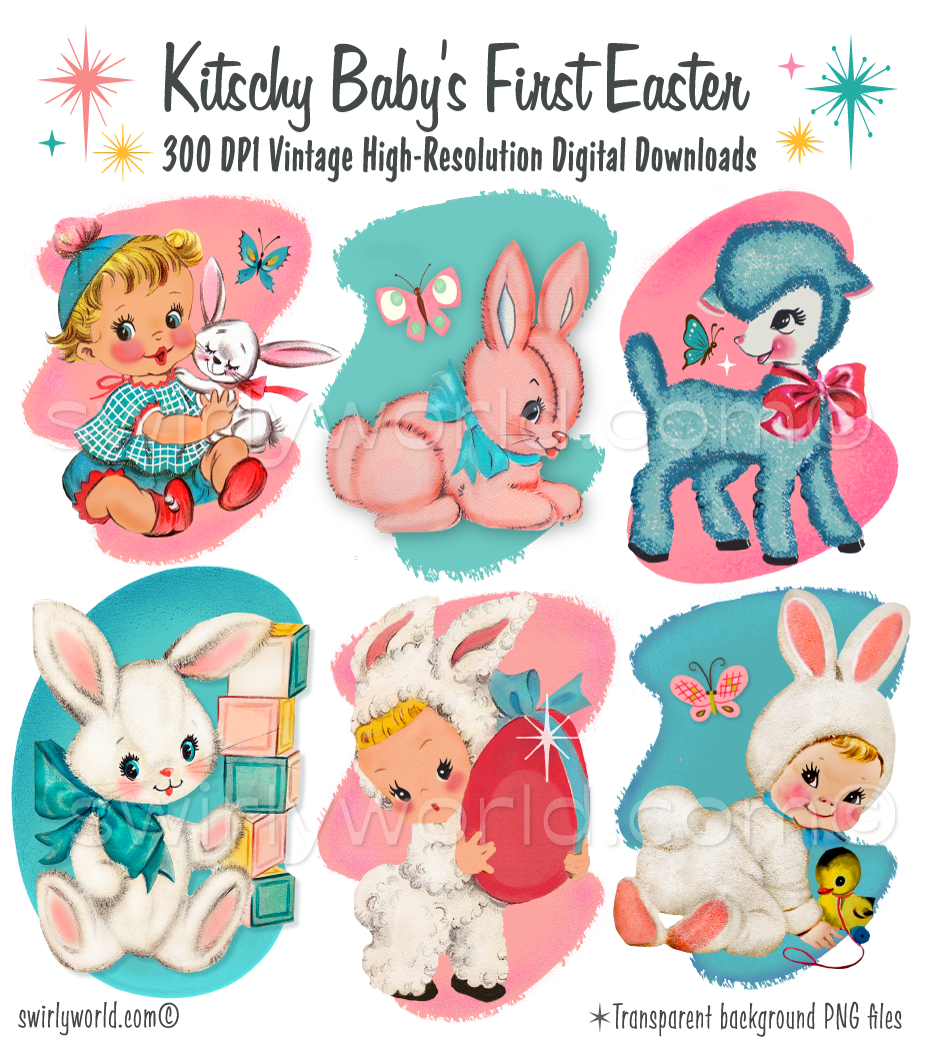 Vintage-style digital clipart of baby and Easter-themed illustrations with text overlay.