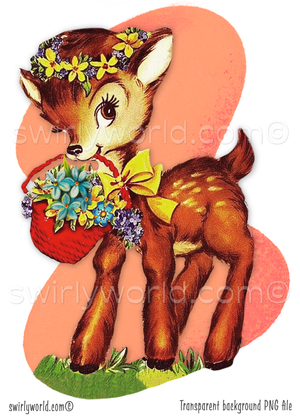 This retro 1940s-1950s vintage style retro kitschy deer wearing a flower wreath with a basket of flowers in it's mouth, set against a mid-century modern boomerang shaped retro pink background. 