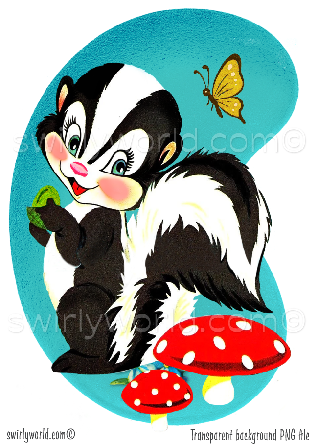 A retro kitschy baby skunk with red with white dotted mushrooms and a yellow fluttering butterfly. The spot art is set against a mid-century modern geometric shape in a teal blue color. The styling is 1940s-1950s vintage storybook with a textured and polished  painterly look.