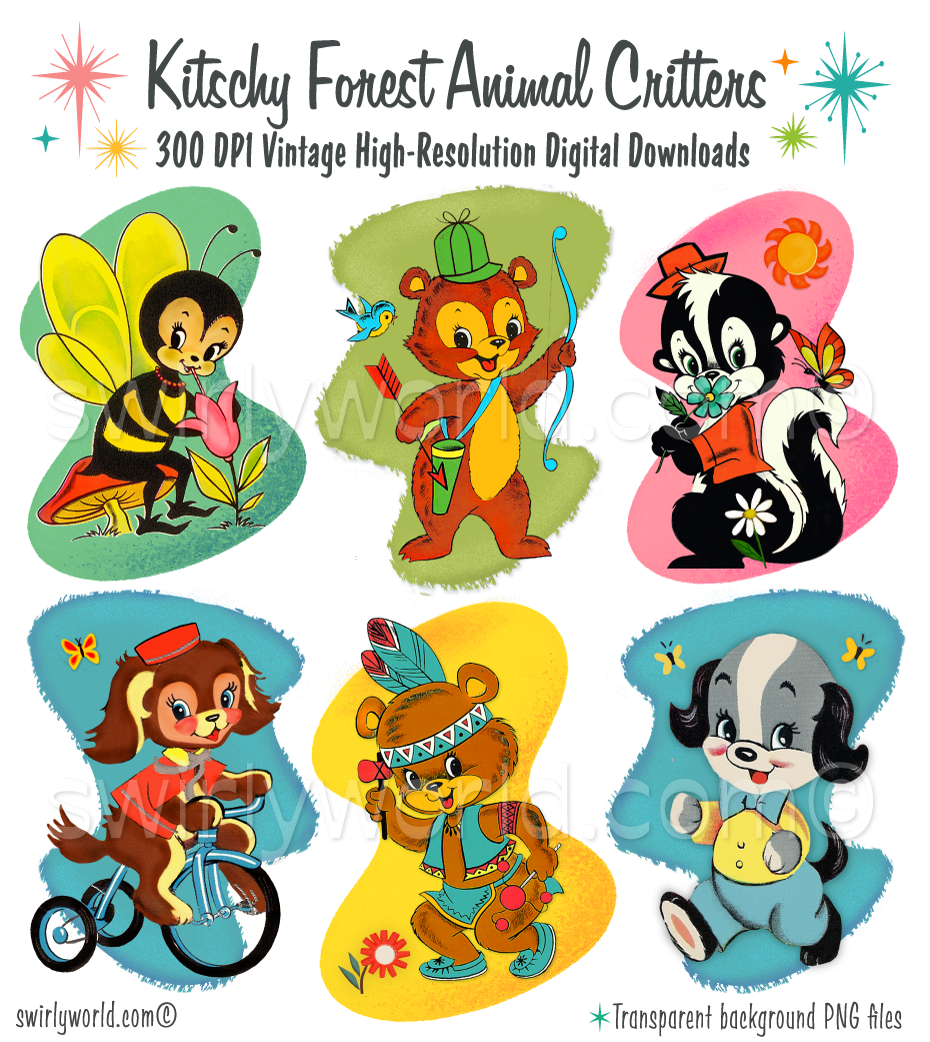 Set of six colorful mid-century 1940s-1950s animal illustrations with text indicating vintage high-resolution digital downloads.