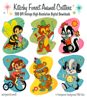 Set of six colorful mid-century 1940s-1950s animal illustrations with text indicating vintage high-resolution digital downloads.