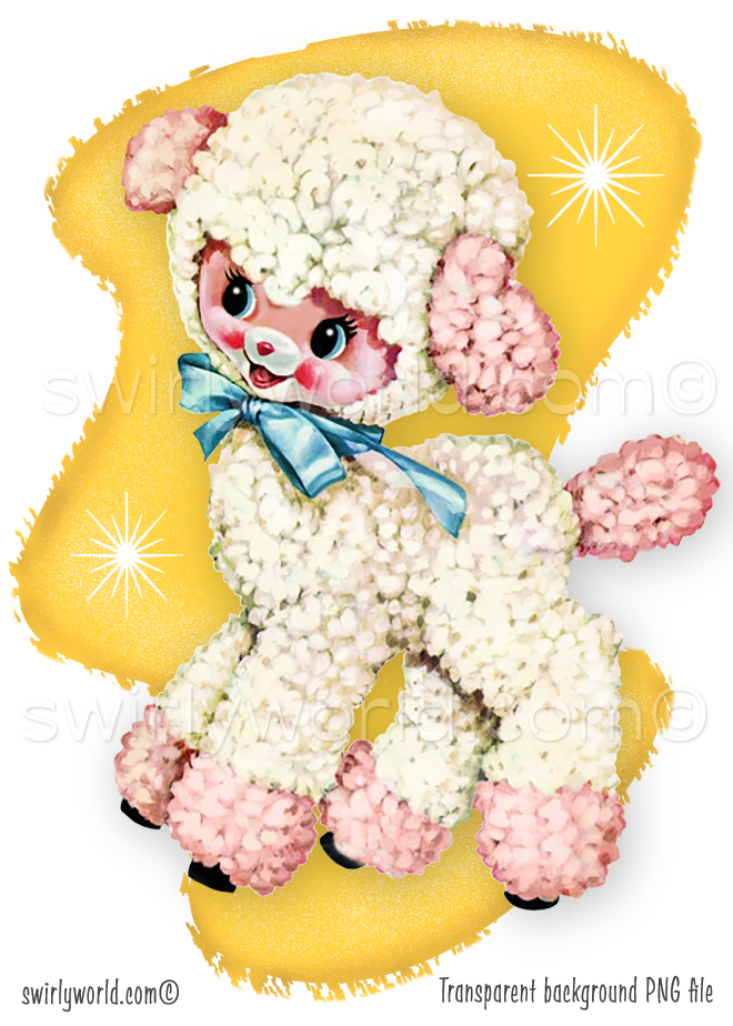A rare 1940s-1950s style kitschy spot art illustration on a mid-century modern yellow boomerang shaped background with starbursts, featuring a white and pink lamb wearing a blue satin bow; perfect for a baby's vintage style nursery.