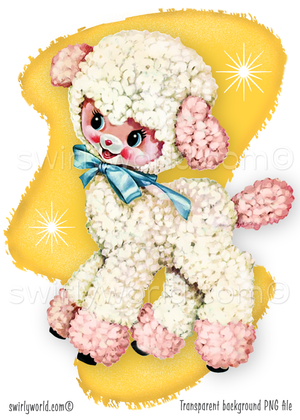 A rare 1940s-1950s style kitschy spot art illustration on a mid-century modern yellow boomerang shaped background with starbursts, featuring a white and pink lamb wearing a blue satin bow; perfect for a baby's vintage style nursery.