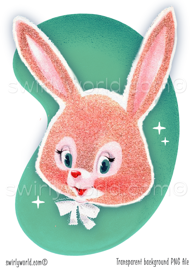 Mid-century modern style 1940s-1950s vintage pink mod bunny head on a retro MCM aqua blue boomerang shaped background.