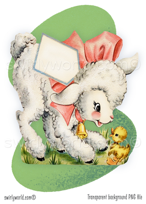 1940s-1950s vintage mid-century modern white Easter lamb with big pink satin bow, against a mcm boomerang green background with white atomic starbursts. 