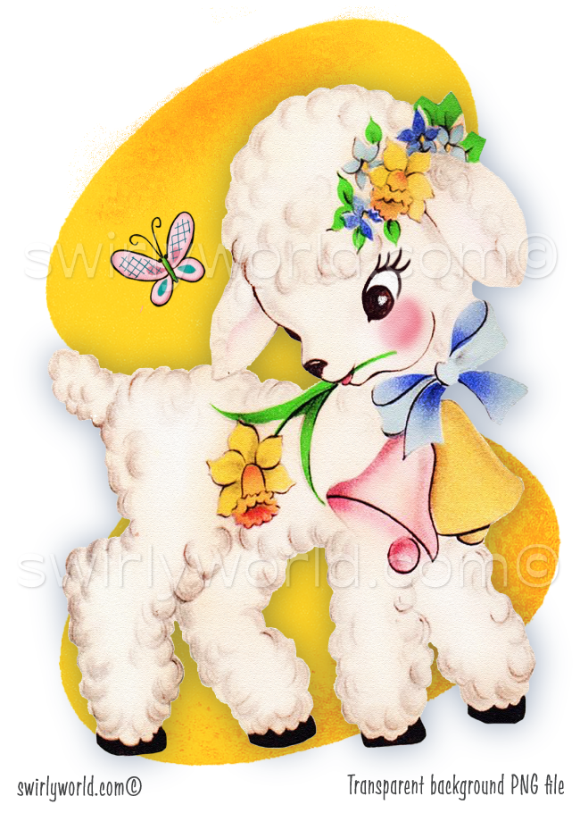 1940s-1950s vintage  mid-century modern white lamb with flower wreath with butterfly, against a mcm boomerang yellow background with white atomic starbursts. 