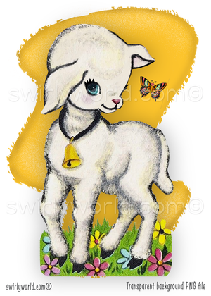 1940s-1950s vintage mid-century modern white baby Easter lamb in a garden with butterfly, on a mcm boomerang yellow background.