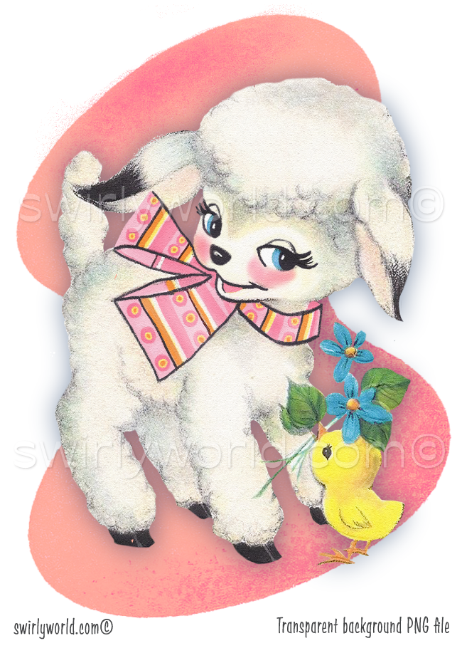 Mid-century modern style 1940s-1950s vintage white lamb with pink satin bow and duckling with blue flowers on a retro MCM pastel pink boomerang shaped background.