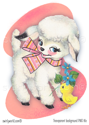 Mid-century modern style 1940s-1950s vintage white lamb with pink satin bow and duckling with blue flowers on a retro MCM pastel pink boomerang shaped background.
