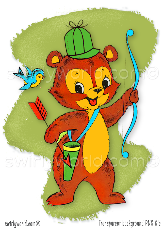 Cartoon bear with bow and arrow on a green background