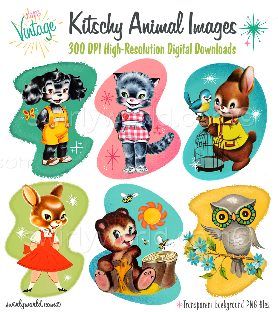 Rare 1950s vintage, retro mid-century modern kitschy animals; dog, cat, rabbit, bear, bunny, and owl with MCM geometric backgrounds and shapes with atomic starbursts.