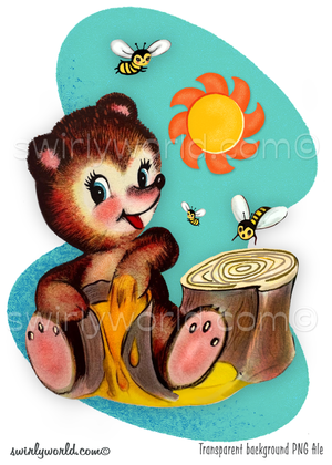 Rare 1950s vintage, retro mid-century modern kitschy bear cub eating a honey beehive with bumble bees set against a  MCM geometric shape background with atomic starbursts.