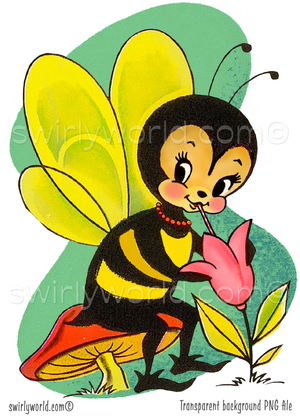 Colorful illustration of a bee character with yellow wings and black stripes, holding a pink flower on a green background.