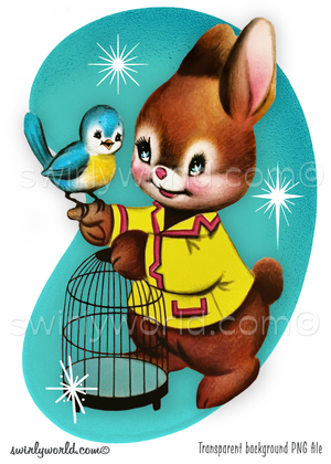Rare 1950s vintage, retro mid-century modern kitschy bunny rabbit with blue bird and birdcage with MCM geometric backgrounds and shapes with aqua blue atomic starbursts.