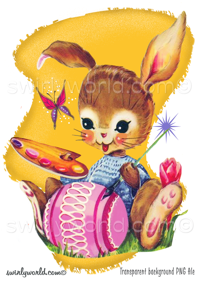 Cute vintage 1950s Easter Bunny painting dyed Easter eggs with butterfly set against a retro, mid-century modern yellow background.