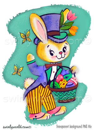 Bunny Rabbit in top hat and suit with bowtie holding an Easter basket full of dyed eggs. Butterflies are fluttering set against a mcm boomerang shaped teal blue background.
